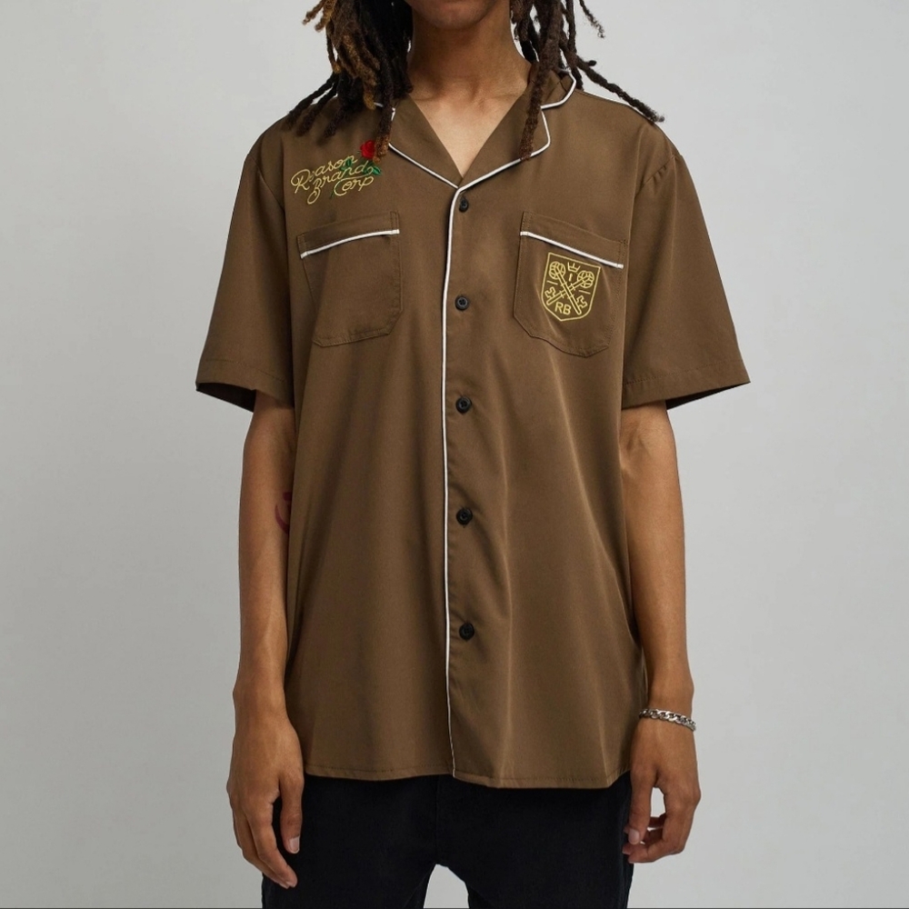 Reason Brand Clubmaster Brown Embroidered Button Down Shirt NWT Size L BI-2861